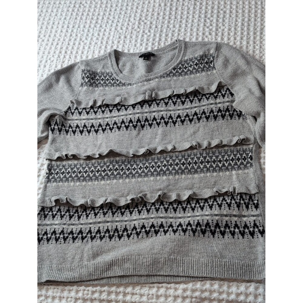 Talbots Gray Cream Patterned Ruffle Sweater Wool Blend